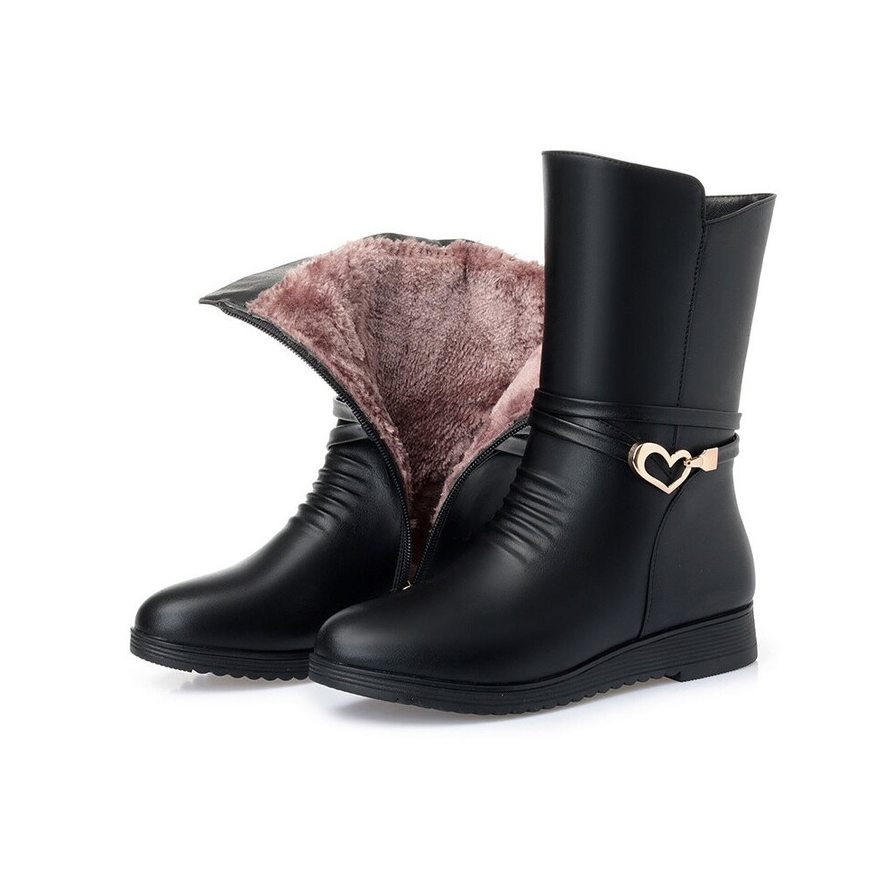 Femme Mère Femme Chaussures en cuir Botas Bottes à genoux à fermeture éclair Hiver Chaud Plush Mid Calf Plus Size Bottes de neige à mi-mollet