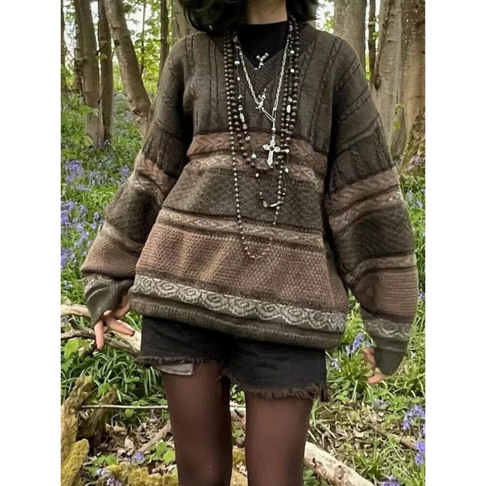 Academics Vintage Fairy Core Grunge Knit Sweater – Loose Graphic Striped Y2k Pullover, Army Green, Women (M/L/Xl) Multicoloured