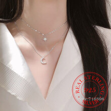 Sterling Silver Double-Layer Crystal Star Moon Pendant Necklace for Women 925 Jewelry Choker Gift