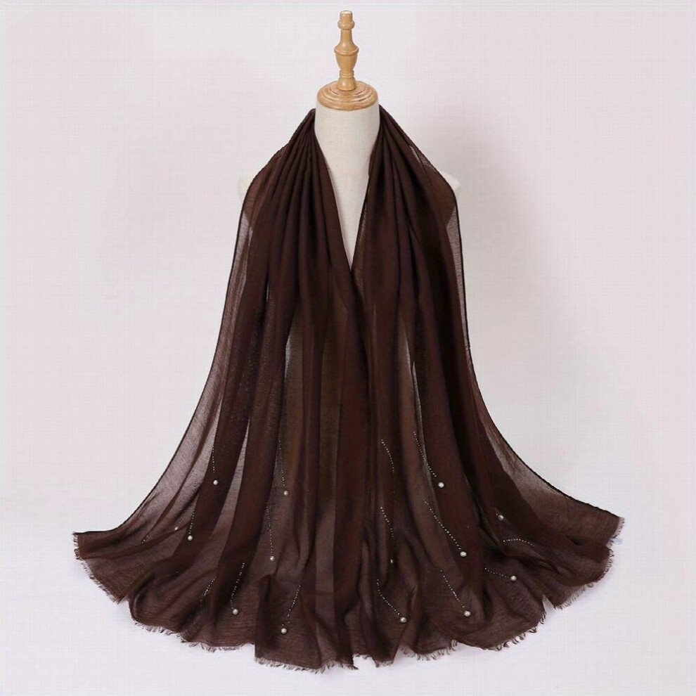 Rhinestone Faux Pearl Decor Scarf Hijab Solid Frayed Edge Shawl Windproof Head Wrap Turban Faux Pearl Rhinestone Position Random