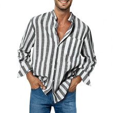 Uomo Camicie casual a righe Lino Stand Collar Tasche Manica lunga Camicie Button Down Streetwear Camicie da uomo camisa masculina