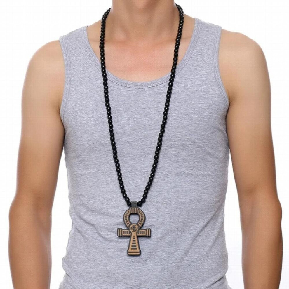 Mens Brown Wooden Ankh Cross Pendant with a 35 Inch Wood Beaded Necklace Male Hip Hop Egyptian Jewelry for Him Key of the Nile