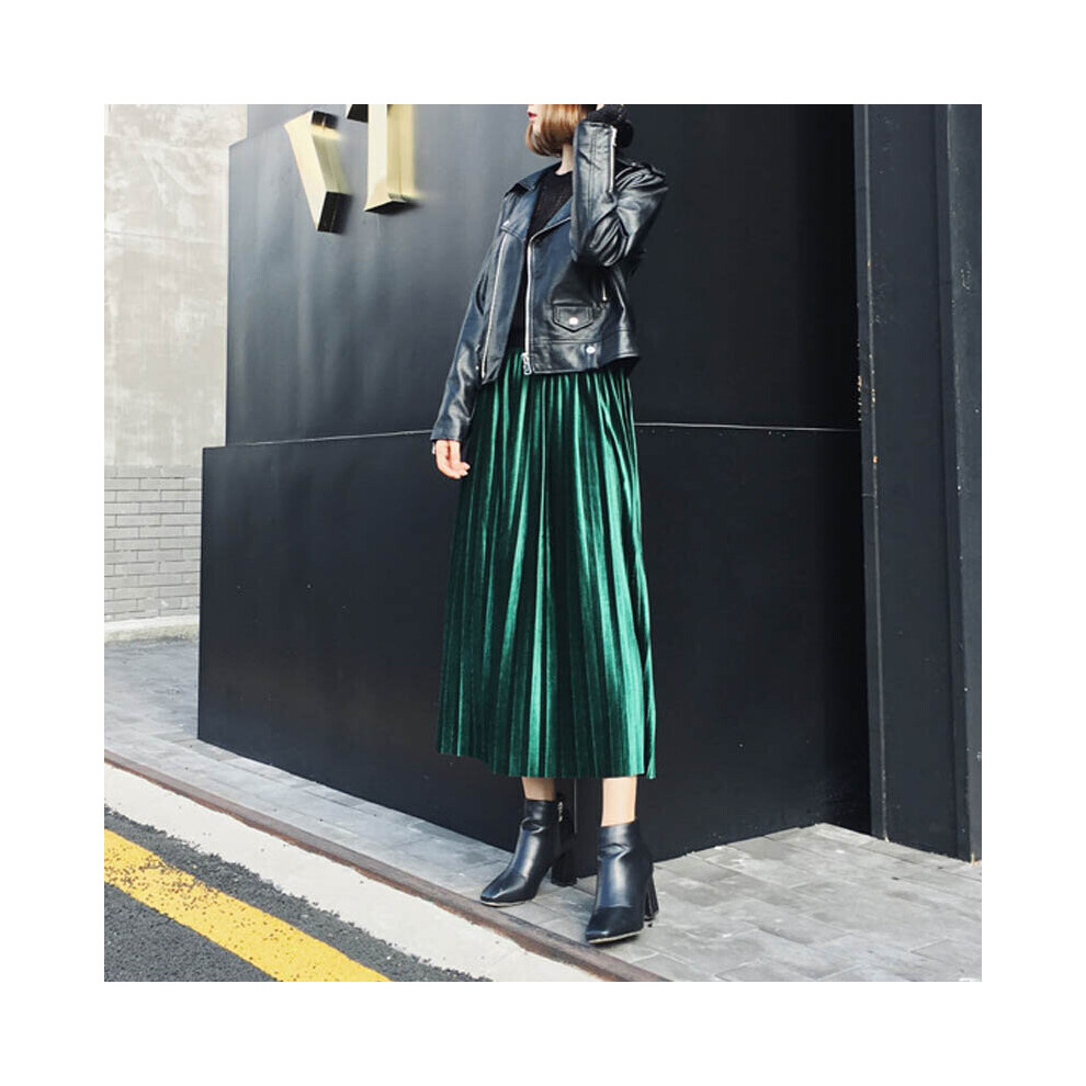 Spring Autumn Women Midi Skirt Long Metallic Silver Maxi Pleated Skirt High Waist Elascity Casual Party Skirt
