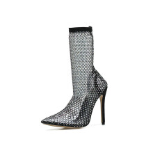 Cristallo Strass Mesh Stretch Tessuto Calza Stivali PVC Trasparente Punta Scarpe Sexy Tacchi Alti Donna