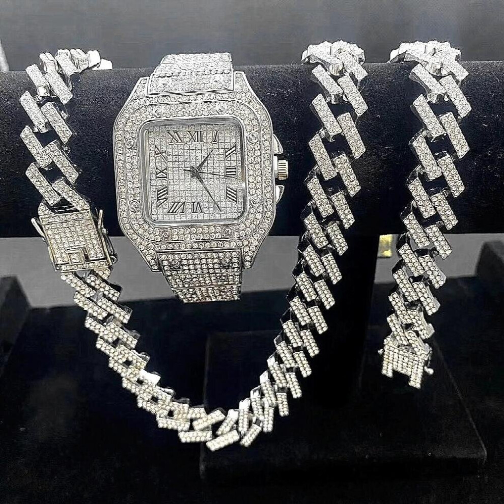 3PCS Iced Out Watches for Men Watch Quartz 15mm Cuban Link Chains Bracelet + Necklaces Diamond Jewelry Men Watch Man Reloj