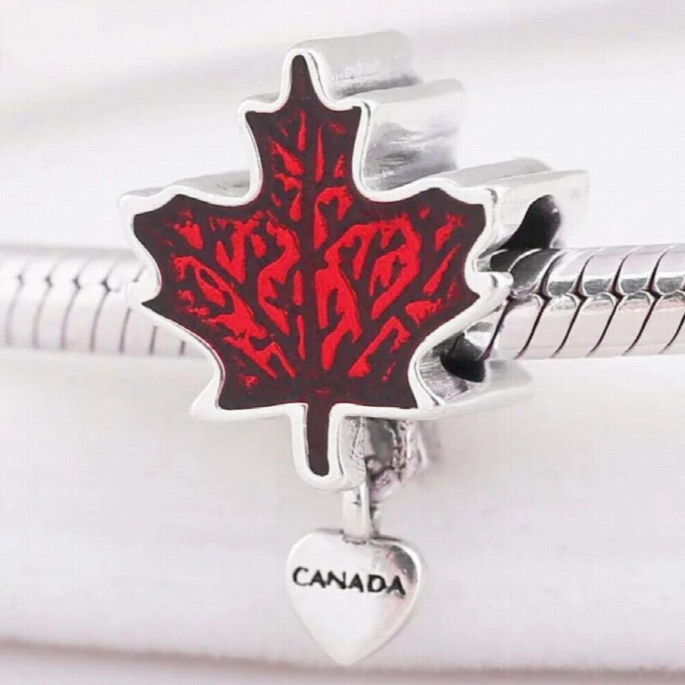 Red Enamel Maple Leaf With Canade Love Heart Pendant Beads Fit 925 Sterling Silver Charm Europe Bracelet DIY Jewelry