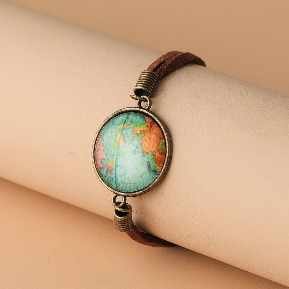 Vintage World Map Charm Brown Bracelet Jewelry Gift For Families Friends