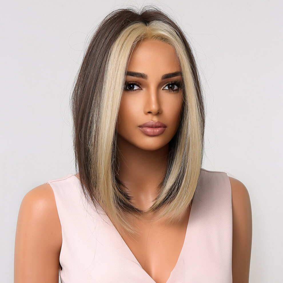 Unisex Multicoloured Dark Brown Straight Synthetic Hair Wigs Short Bob Womens Wig Blonde Highlight