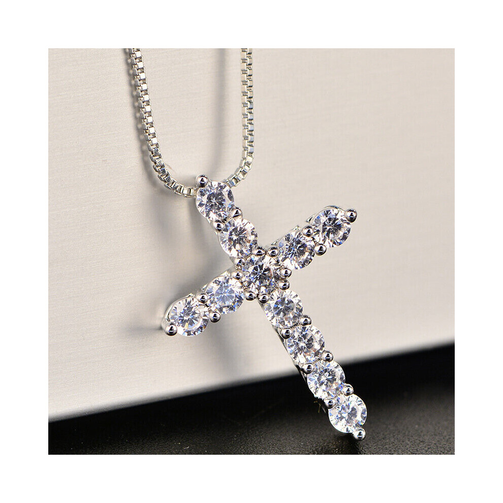 16-24inches 925 Silver Necklace Box chain crystal cross Pendant For Women men Jewelry