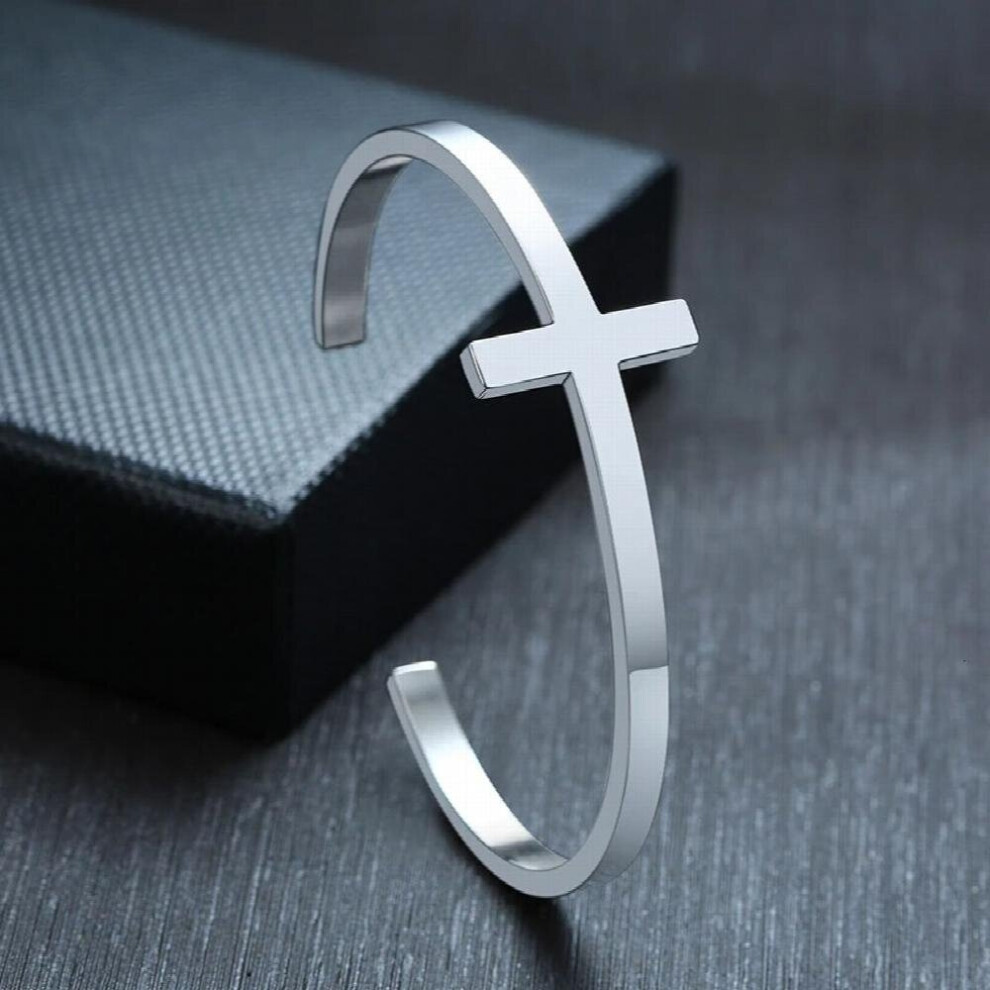 Womens 4MM Wide Stainless Steel Sideways Cross Cuff Bangle Bracelets
