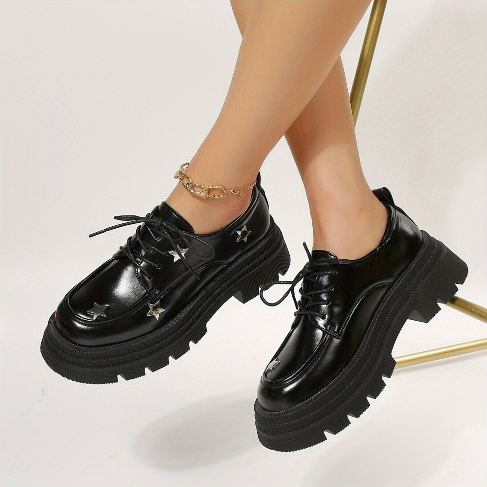 Womens Star Pattern Platform Loafers Fashionable Round Toe Lace Up Shoes Versatile Faux Leather Shoes