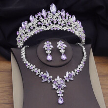 Set de bijoux de mariage en cristal mauve pour femmes diadèmes, boucles d'oreilles, colliers et couronnes de mariage