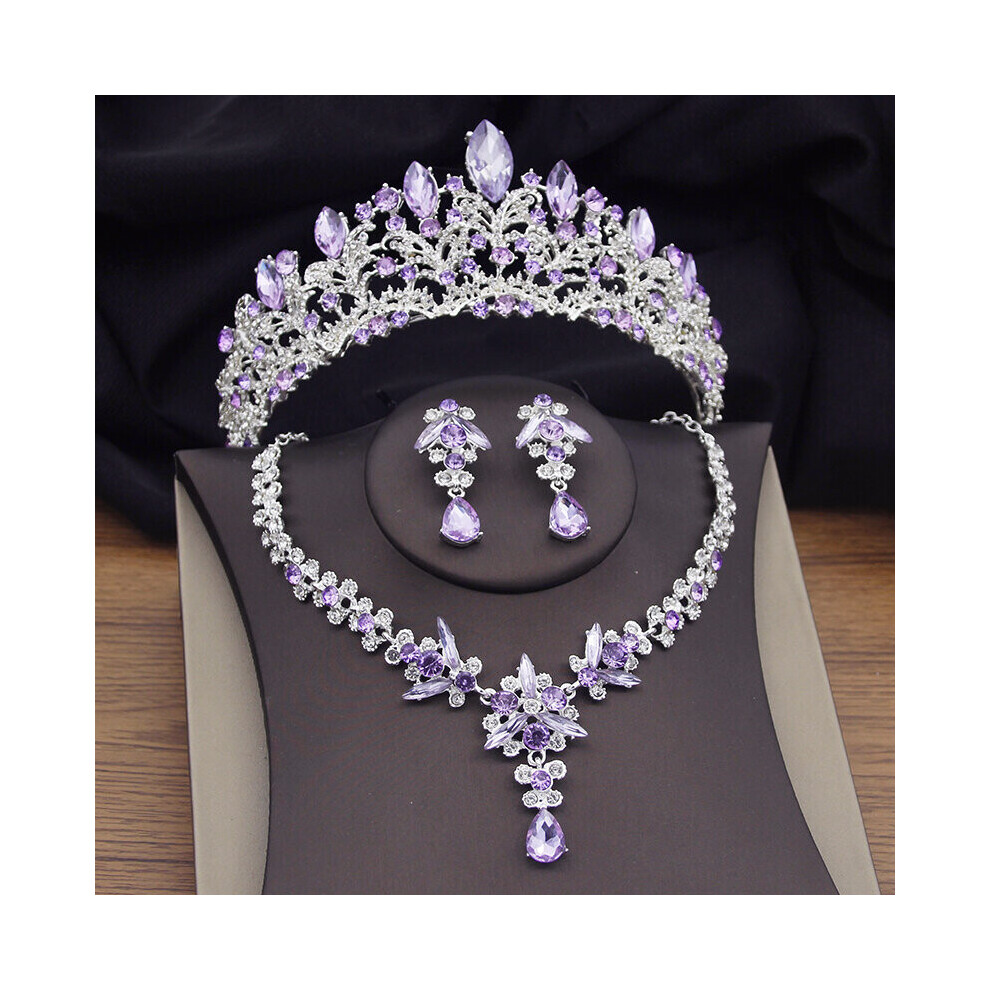 Gorgeous Purple Crystal Bridal Jewelry Sets for Women Silver Colors Tiaras Earrings Necklaces Wedding Crown Jewelry Set