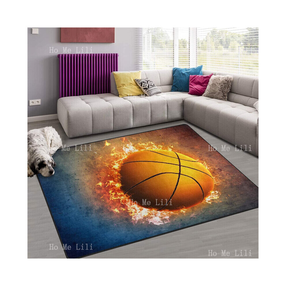 Sport Themed Fire Basketball Flame Burning With Passion Flannel Floor Rugs For Boys And Gils Bedroom Carpet Home Decorative