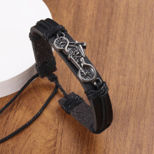 Men's Vintage Motorcycle Leather Woven Bracelet - Black Leather Bike Wrist Accessory