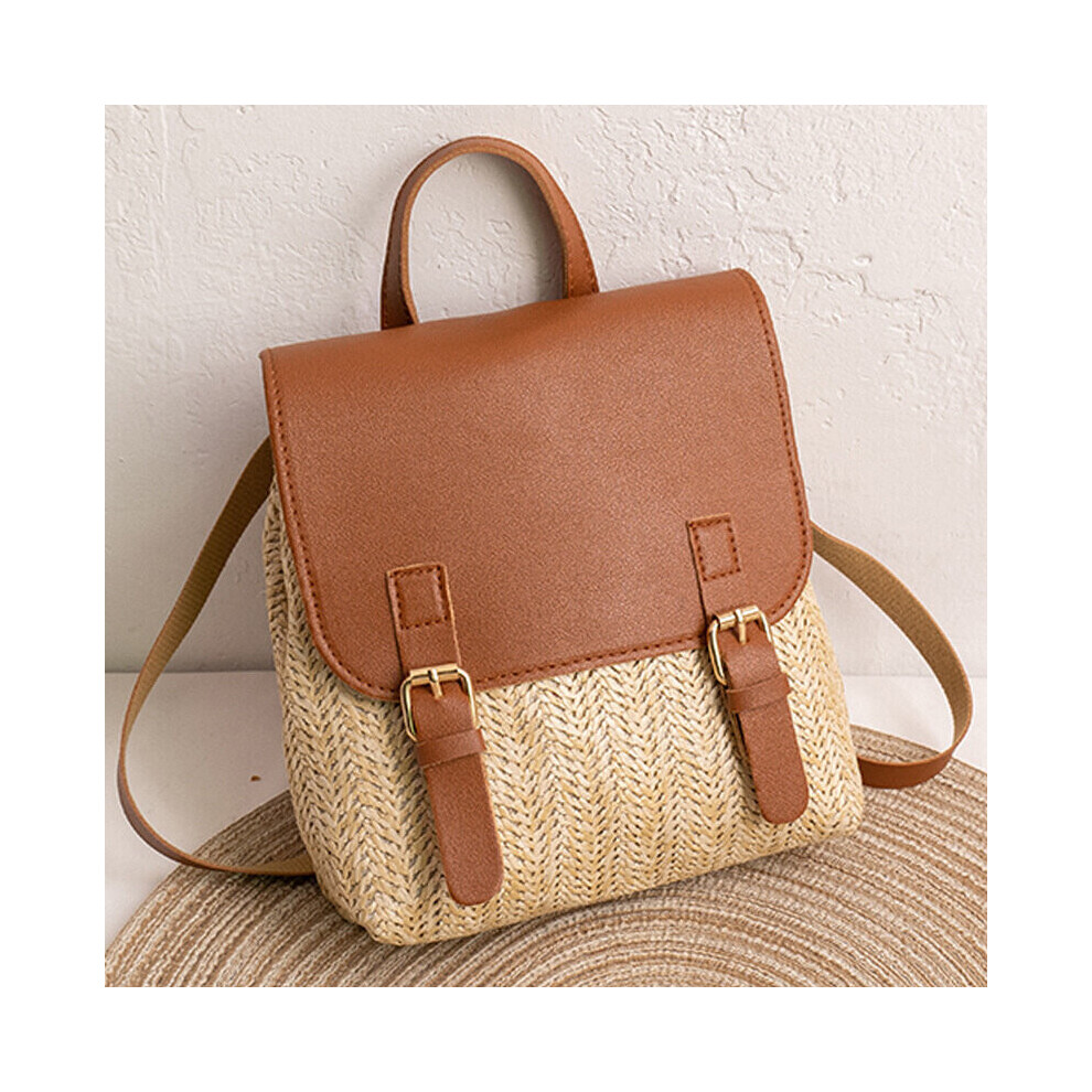 Vintage Straw Backpack Women's Shoulder Bag Versatile Straw Woven PU Leather Backpack mochilas