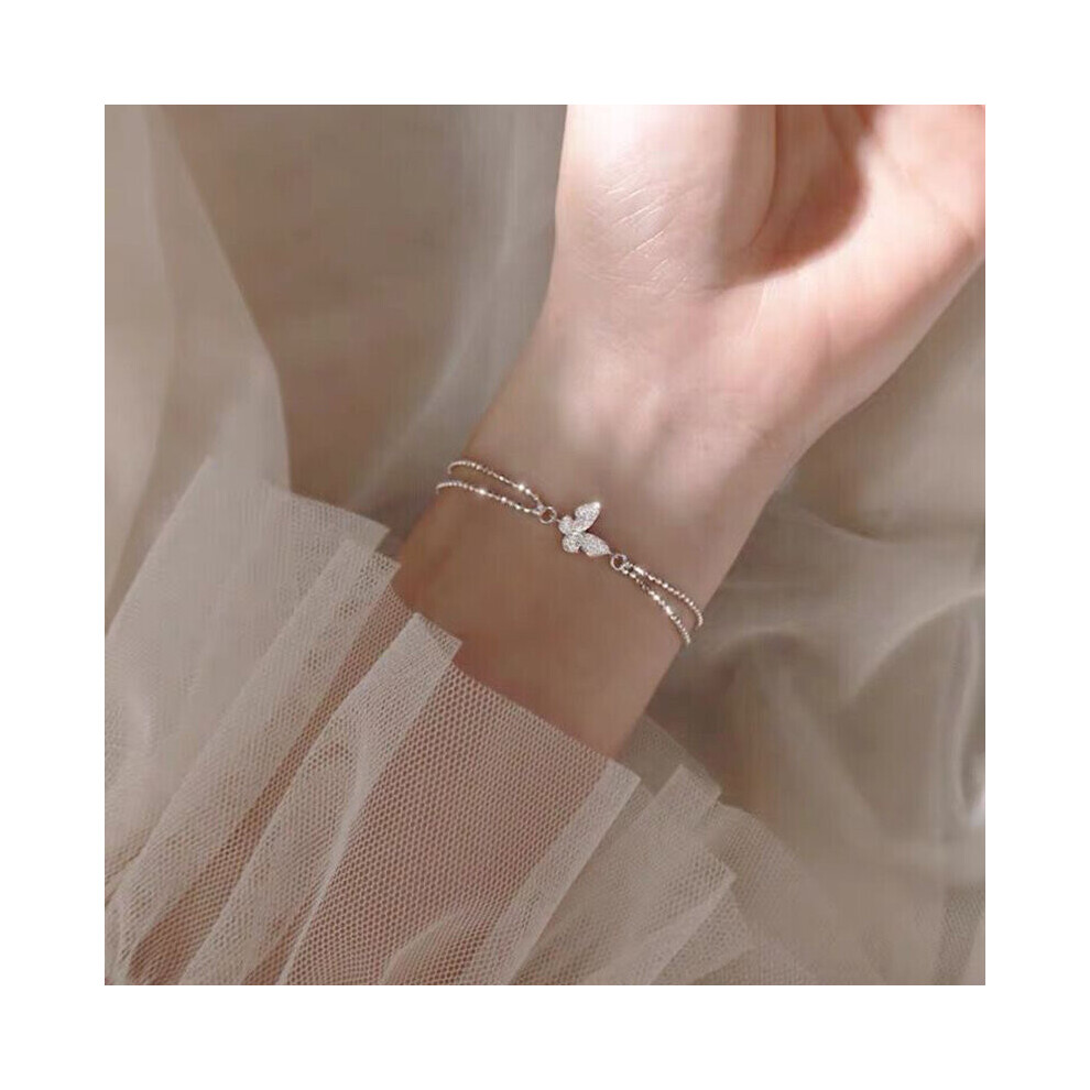 Sweet Shining Zircon Butterfly Bracelet for Women Anti-allergic Silver Chain Bracelet with S925 Stamp Gift