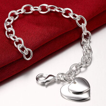 925 Sterling Silver Double Heart Pendant Bracelet For Woman Charm Wedding Engagement Jewelry