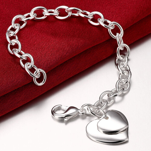 925 Sterling Silver Double Heart Pendant Bracelet For Woman Charm Wedding Engagement Jewelry