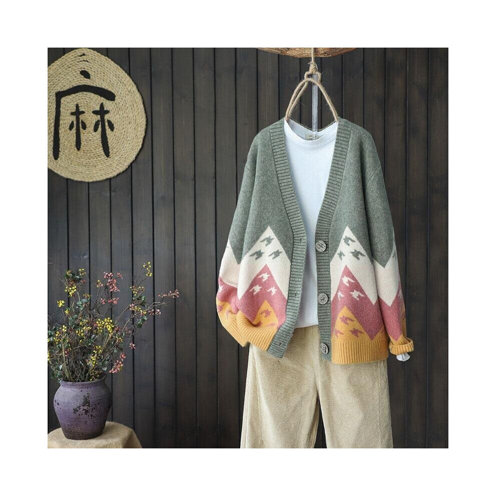 Vangull Animal Print Knitted Women Sweater Cardigans Single Breasted Long Sleeve Cardigans Loose Paper Crane Pattern Sweater