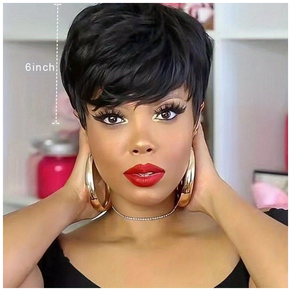 Unisex Black Short Pixie Cut Human Hair Wigs With Bangs Short Layered Wavy Wigs For Women Girls Brazilian Human Hair Wig