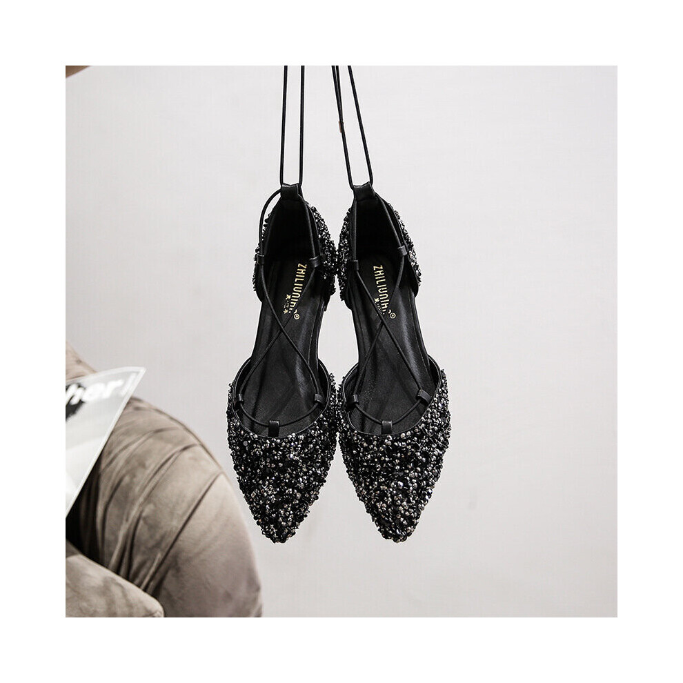 Women Rhinestone Ballet Flats Cross-Tied Lace Up Flat Shoes Woman Crystal D'orsay Wedding Shoes Glitter Sliver Mules