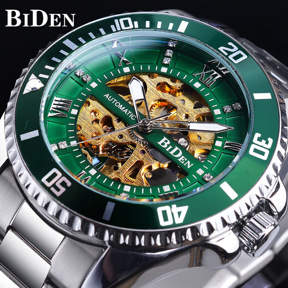 BIDEN Green Skeleton Dial Diamond Automatic Watch Waterproof Stainless Steel Luminous Hand Men Business Mechanical Watch