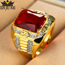 Gorgeous Male Big Red Stone s925 Ring 18KT Yellow Filled Vintage Wedding Engagement Rings For Men for men