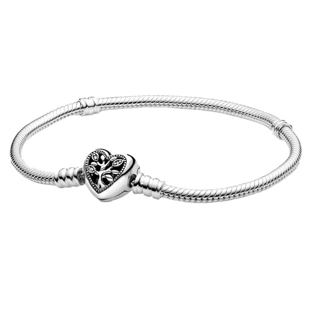 925 Silver Moments Family Tree Heart Clasp Snake Chain Bracelet Heart Shape Bangle 598827C01 White