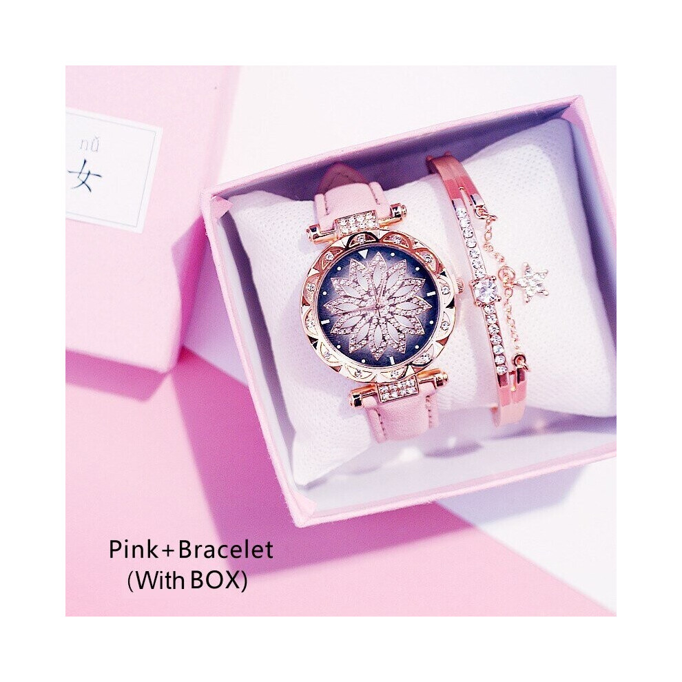 Pink Leather Watch Women Dress Quartz Wrist Watch Ladies Quartz Clock With Box and Bracelet Watch Relogio Feminino