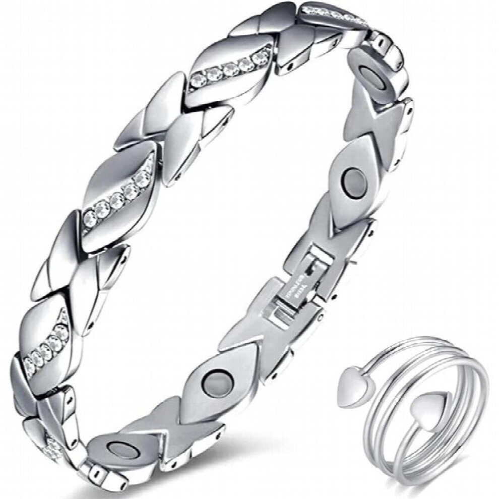 Magnetic Therapy Arthritis Pain Relief Bracelet For Women - Steel Titanium Silver With Crystal Multicoloured
