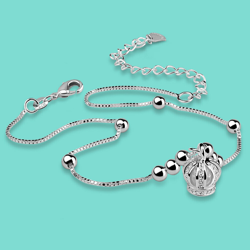Classic Women's 925 Sterling Silver Anklet Crown Pendant Box Chain Ankle Bracelet Beach Sandals Jewelry