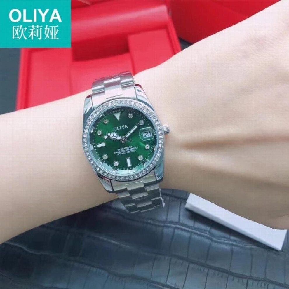 OLIYA Green Water Ghost Series Watch Green Surface Diamond-studded Stainless Steel Dial Waterproof Luminous Ladies Watch