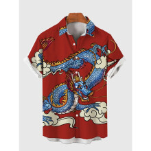 Molilulu Vintage Stijl Chinese Traditionele Mythologie Draak Afdrukken Groen Heren Shirt Korte Mouw