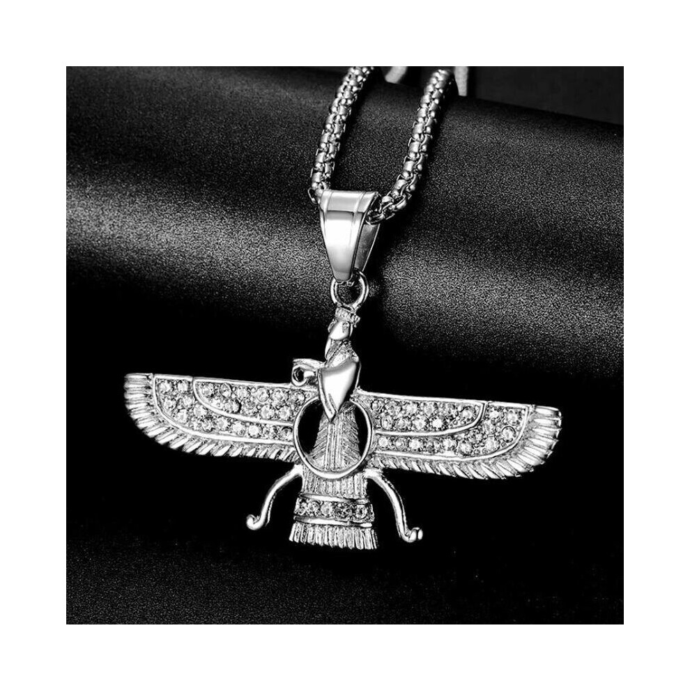 Classic Zoroastrian Rhinestone Pave Bling Faravahar Symbol Pendant Necklace Men Religious Style Amulet Jewelry