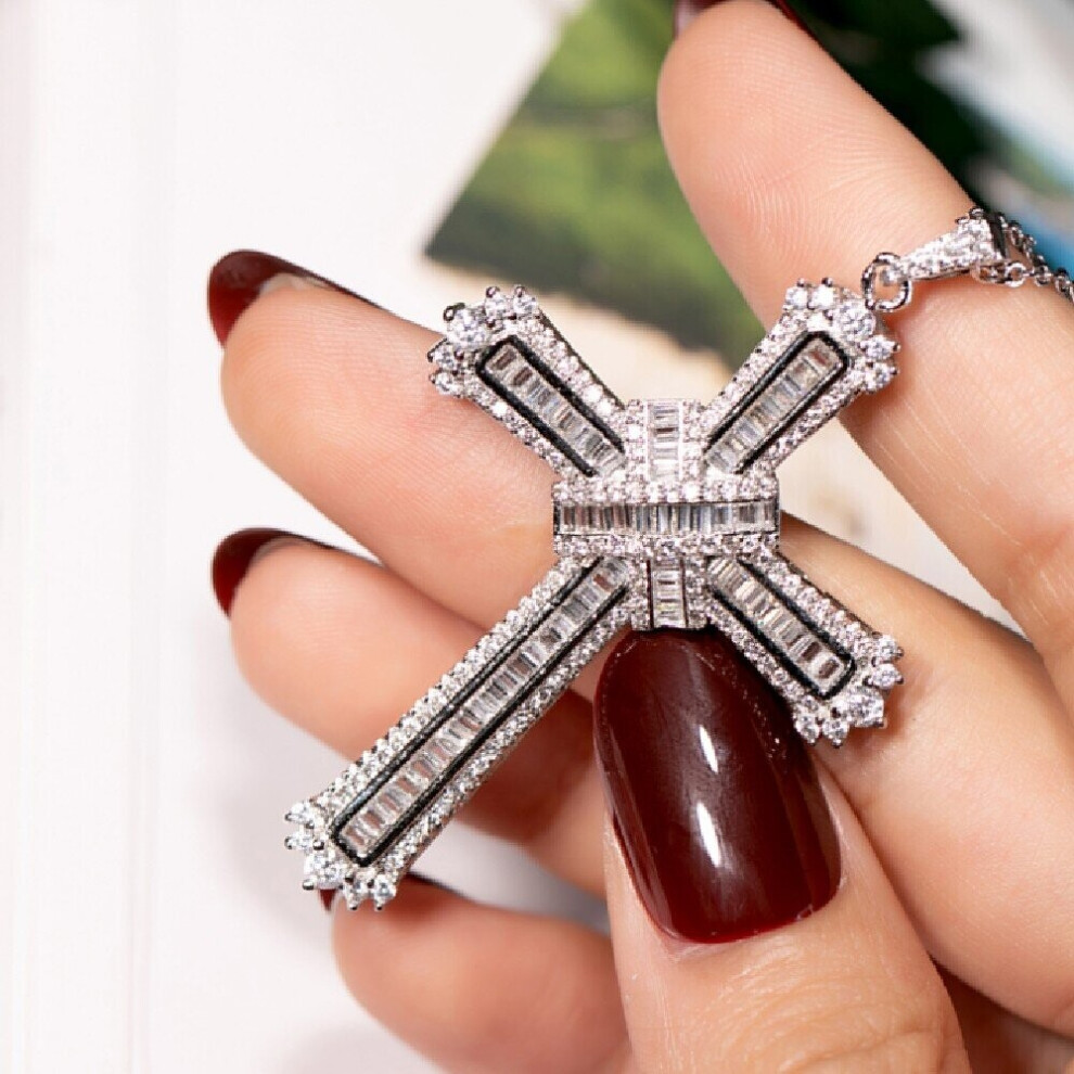 925 Sterling silver Cross Pendant Necklace Clear pave SONA Diamond Necklace Pendant for Men Women Christmas N019