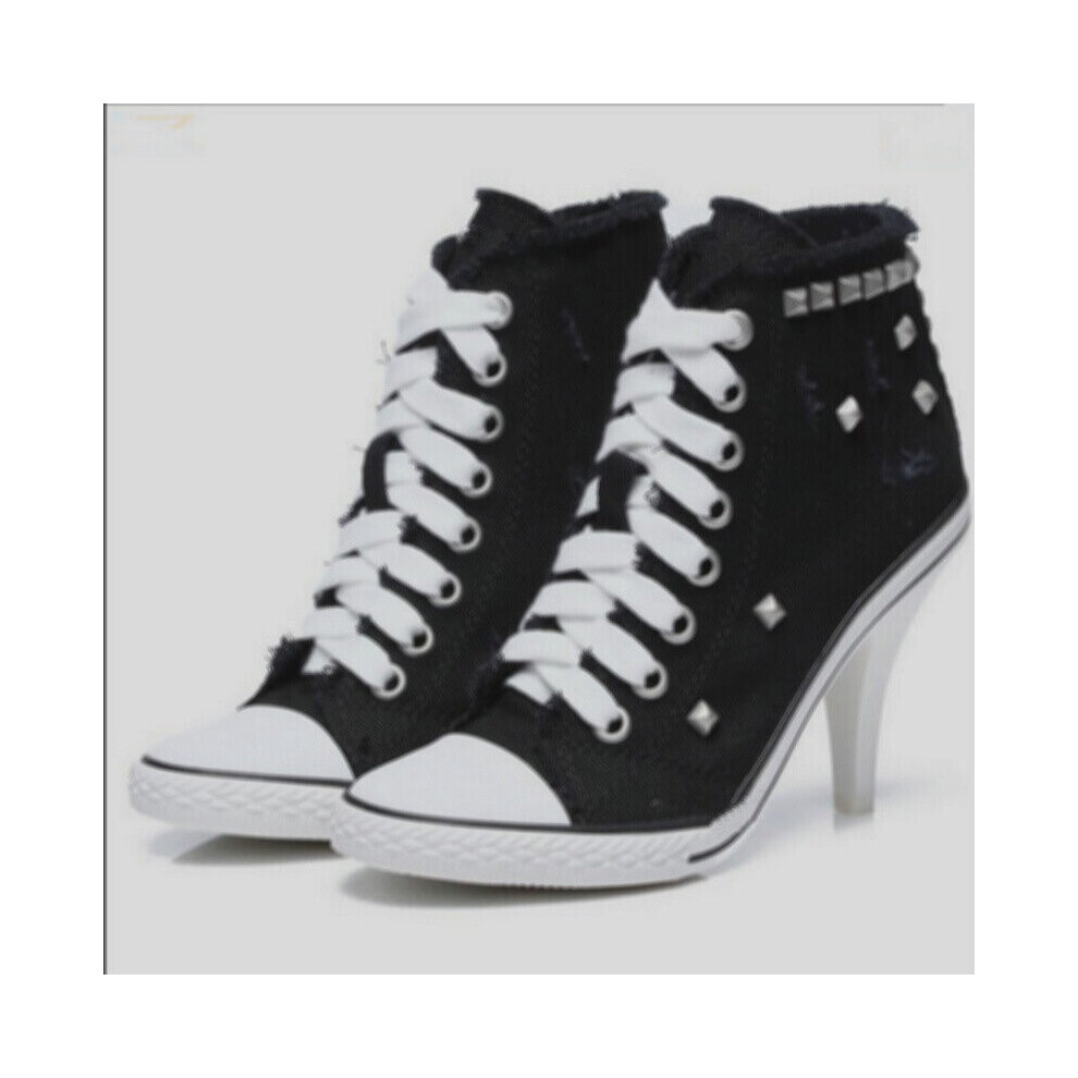 Women Canvas Shoes Denim High Heels Rivets Shoes Shoe Laces Sneakers Women Short Boots