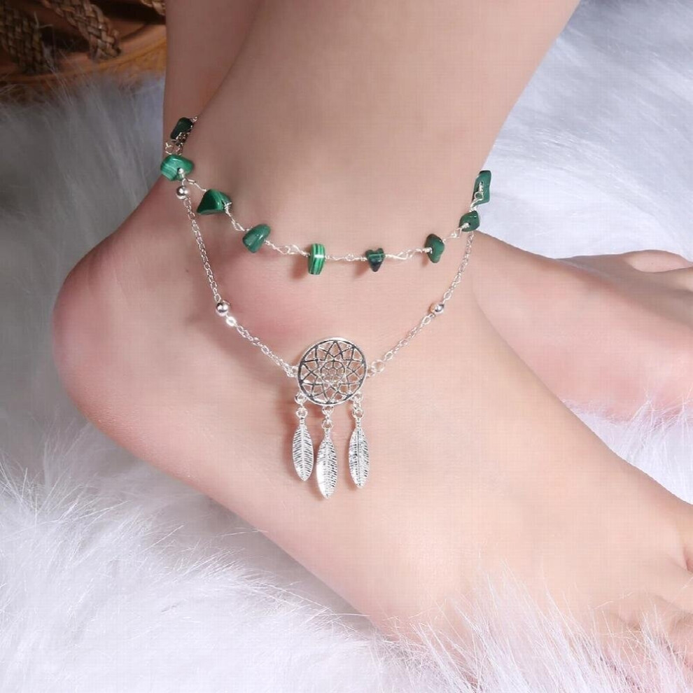 Bracelet de cheville Boho en pierres vertes naturelles pour femmes Bijoux de charme Pendentif attrape-rêves Chaîne de jambe