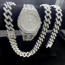 3Pieces Iced Out Uhren für Männer Uhr 15mm Cuban Link Chains Armband + Halsketten Diamant Hip Hop Schmuck Männer Uhr Mann Uhr