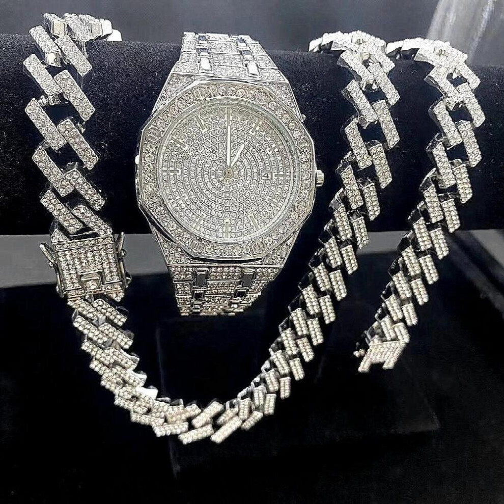 3PCS Iced Out Watches for Men Watch 15mm Cuban Link Chains Bracelet + Necklaces Diamond Hip Hop Jewelry Men Watch Man Clock