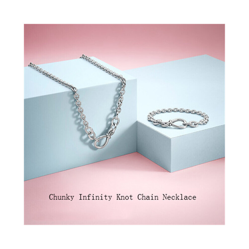 Real 925 Silver Chunky Infinity Knot Chain Necklace Fit Charms Jewelry Gift