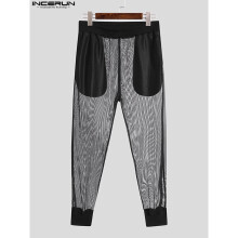Pantalon Hommes Taille Elastique Maille Patchwork Sexy See Through Casual Trousers Men Vacation Streetwear Pantalon S-5XL