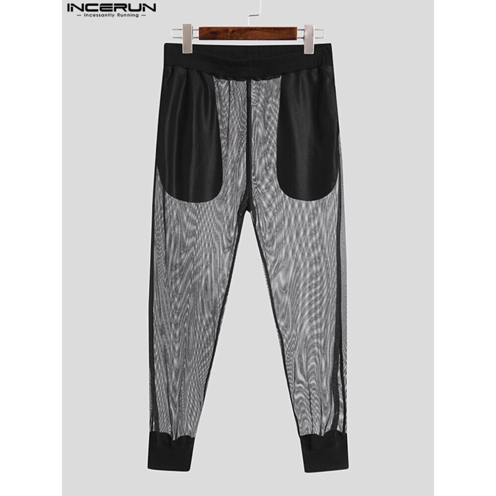 Men's Pants Elastic Waist Mesh Patchwork Sexy See Through Casual Trousers Men Vacation Streetwear Pantalon S-5XL