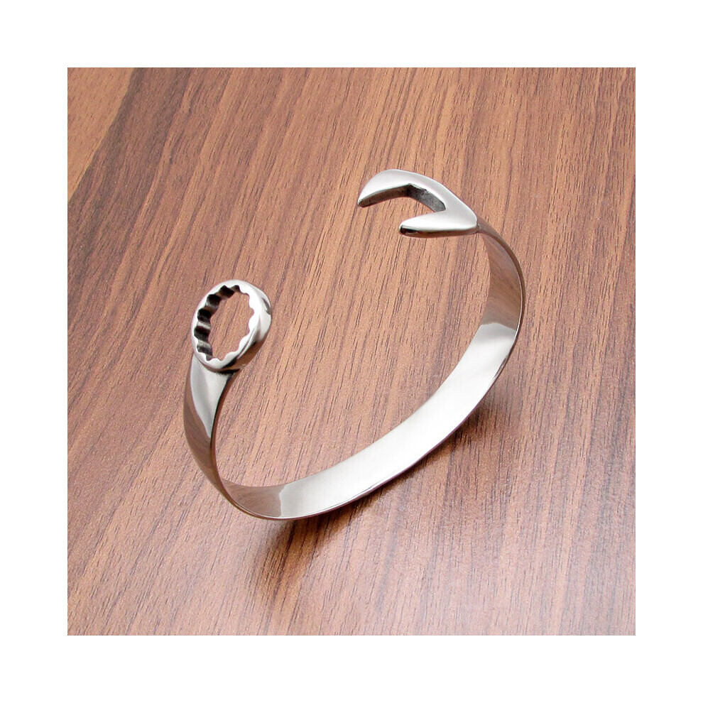 Punk Silver Stainless Steel Mechanical Intaglio Single Head Wrench Bangle Wristband For Men's Gift