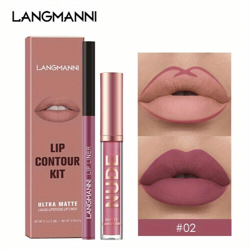 LANGMANNI 2Pcs Lipgloss Lipliner μακράς διαρκείας αδιάβροχο υγρό κραγιόν Makeup Set