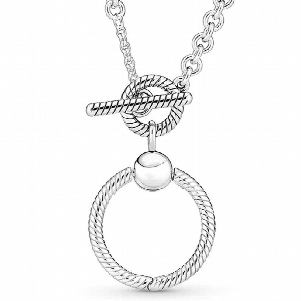 Moments Sparkling Double Heart Pendant T-bar Collier Necklace For Europe 925 Sterling Silver Bead Charm DIY Jewelry