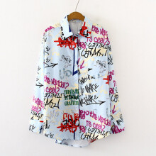 Casual BF Blouse for Women - Graffiti Letter Print, Turn-Down Collar, Long Sleeve, Loose Streetwear Shirt (Blue/Pink/White/Multi), Sizes M-XXL