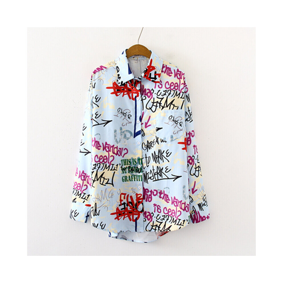casual BF Blouse streetwear Women Graffiti letter printing Blouses Streetwear Turn Down Collar Long Sleeve Loose Shirt