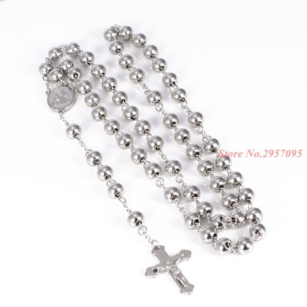 Classic Womens Mens Necklace Stainless Steel Silver Bead Rosary Chain Jesus Christ Cross Pendant