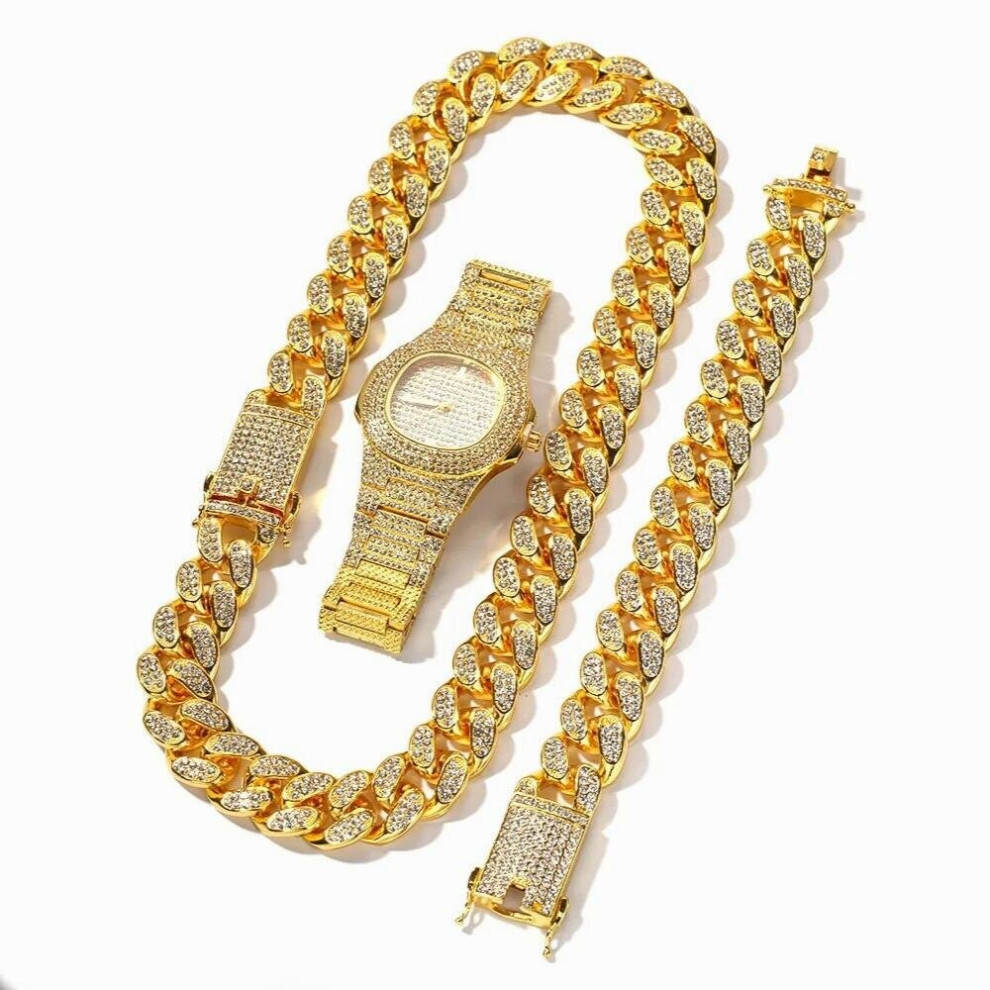 3PCS Full Diamond Watch Set Hip hop Jewelry Watch for Men Iced Out Watch Paved Rhinestones Bling Rapper Necklace for Men